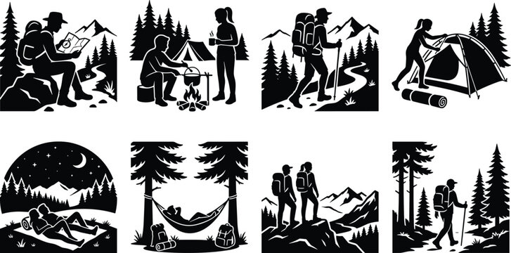 Black and white silhouette icon set of outdoor adventure featuring camping, hiking, and nature exploration scenes