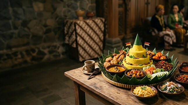 Traditional indonesian tumpeng rice platter on a rustic wooden table
