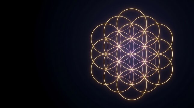 Glowing golden flower of life sacred geometry on dark background