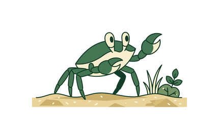 Cartoon green crab walking on sand near plants.