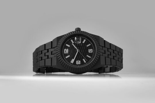 Elegant Black Men&rsquo;s Wristwatch with Metal Bracelet Isolated on White Background