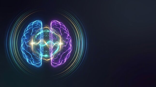 Futuristic human brain visualization with energy waves and neural signals