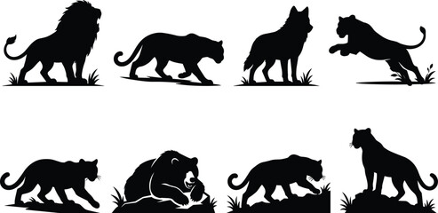 Fototapeta premium Black wild animal predator silhouette vector set featuring lion panther tiger wolf and bear