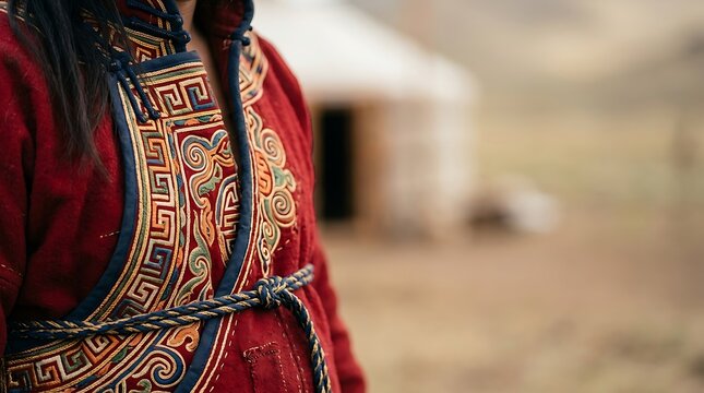 Traditional nomadic red robe with intricate embroidery and yurt
