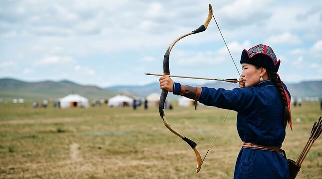 Mongolian woman aiming a traditional bow in the open steppe