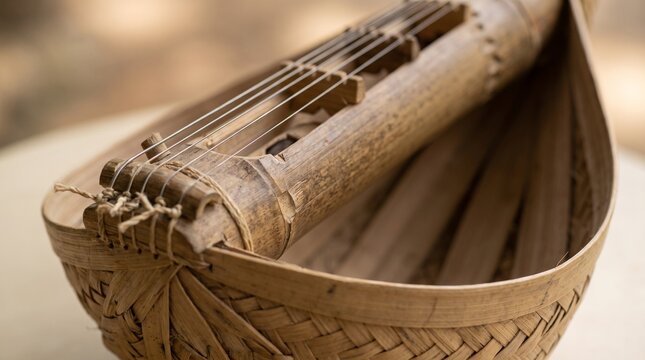 Detailed macro view of Sasando craftsmanship featuring bamboo textures and woven palm leaves. Perfect for cultural education, design, tourism and heritage campaigns.