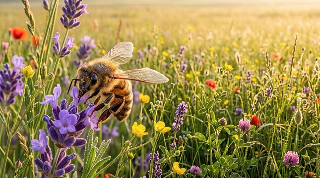 Honey bee collecting nectar on a purple lavender flower in a sunny meadow