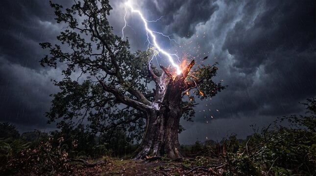 Lightning striking an old oak tree during a heavy storm
