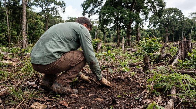 Volunteer planting a young tree sapling in a deforested area to restore the forest