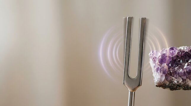 Tuning fork vibrating next to purple amethyst crystal for sound healing