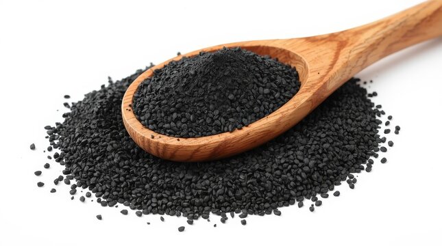 Organic Black Cumin Seeds in a Wooden Spoon Isolated on White Background, Nigella Sativa or Kalonji