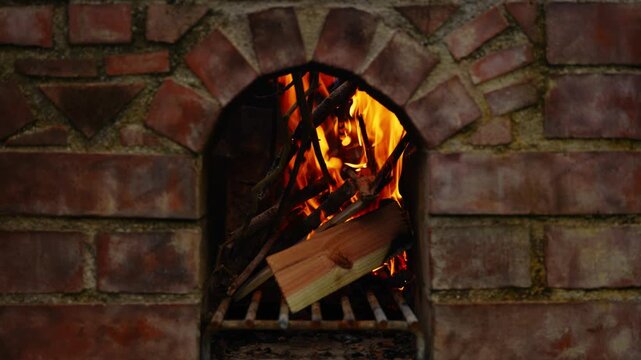 Firewood Burning Inside a Traditional Japanese Kamado Stove