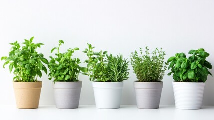 Fototapeta premium Five Potted Green Herb Plants in White and Beige Ceramic Planters on White Background herbs leaves