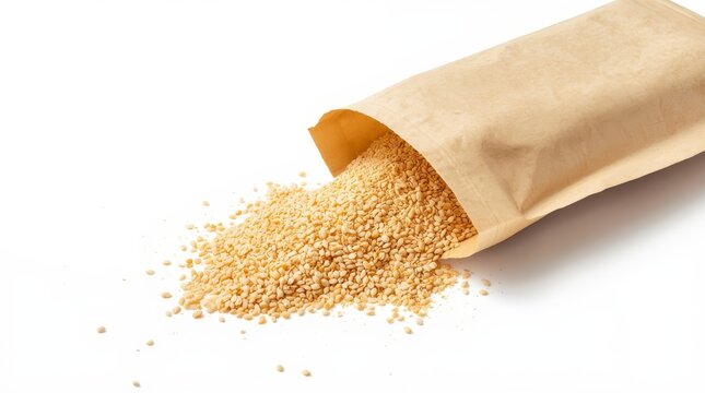 Organic Sesame Seeds Spilling Out from Eco-Friendly Craft Paper Pouch on Isolated White Background
