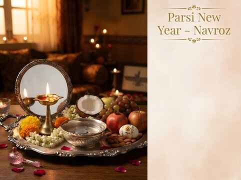 Traditional parsi new year navroz celebration setup with brass diya lamp and fruit platter