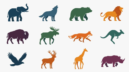 Professional Colorful Silhouette Illustrations of 12 Distinct Animals Including Elephant Wolf Bear Lion Bison Moose Fox Deer Eagle Giraffe Rhino © ajalidaf