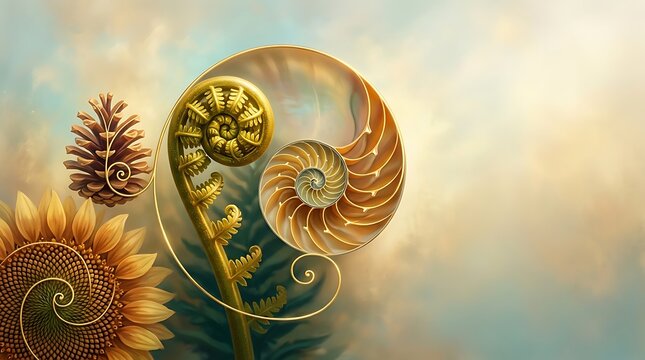 Fibonacci sequence patterns in natural elements like shell and fern
