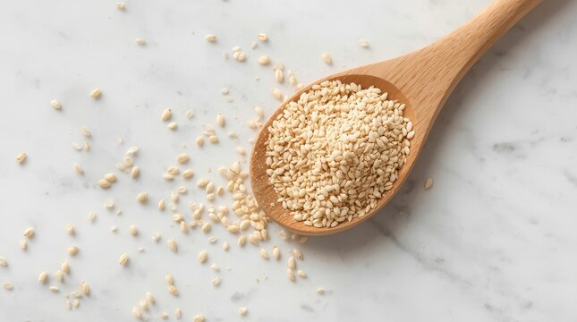 Top view of healthy organic white sesame seeds in a wooden spoon on a white marble background