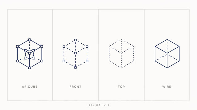 Isometric linear icons featuring 3d geometric cube projections and wireframe structures for digital interface and product design