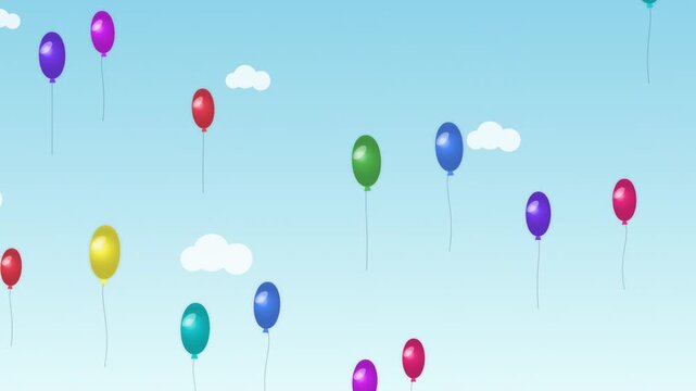 Colorful party balloons floating upwards through a bright blue sky