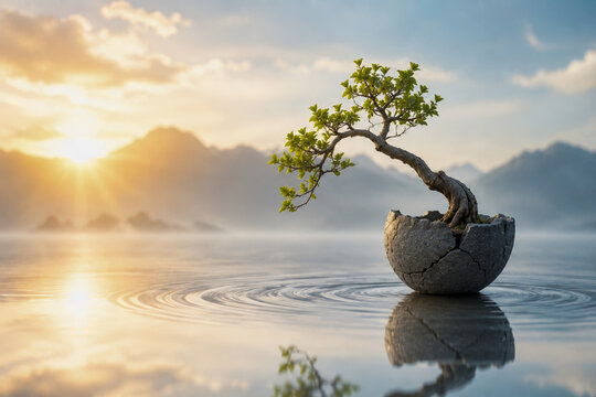Bonsai Tree Growing From Cracked Stone