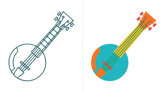 Banjo Outline and Colorful Vector Illustration