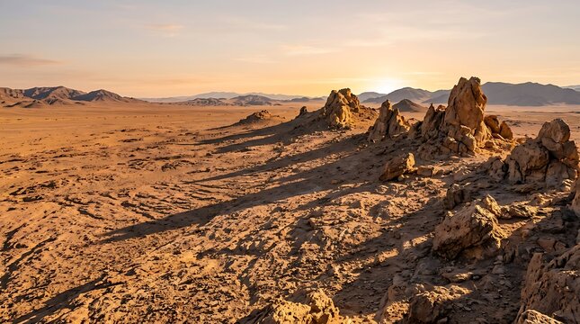 Jagged desert rock formations under a golden sunset sky