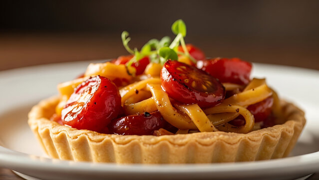 Gourmet Pasta Tart with Cherry Tomatoes and Fresh Herbs - Close-up