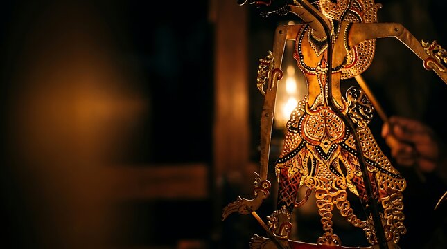 Traditional indonesian wayang kulit puppet illuminated by warm light