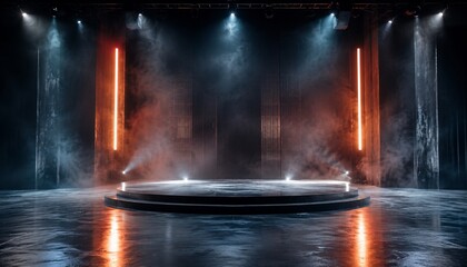 Obraz premium Futuristic empty stage with dramatic spotlights and glowing orange lights