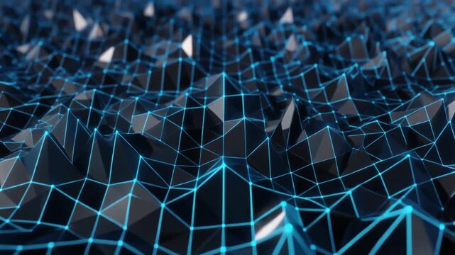 Abstract geometric terrain features a complex digital wireframe mesh that highlights deep blue polygonal mountains interconnected by glowing nodes of light, creating a futuristic networking concept.
