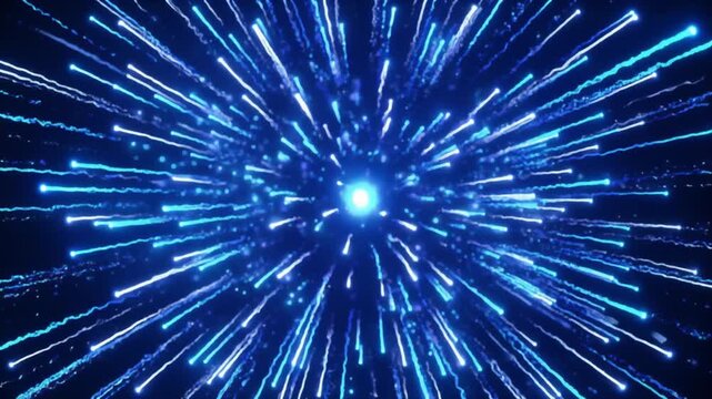 Abstract light trails emerge from a brilliant glowing center radiating outward in a symmetrical pattern of electric blue streaks that define the concept of rapid digital data transmission today.