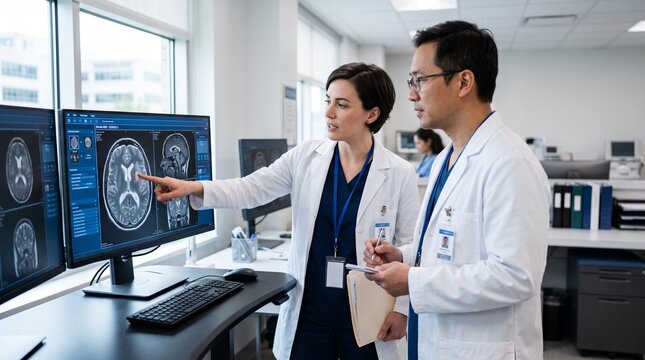 Doctors Analyzing Brain MRI Scans in Modern Radiology Department