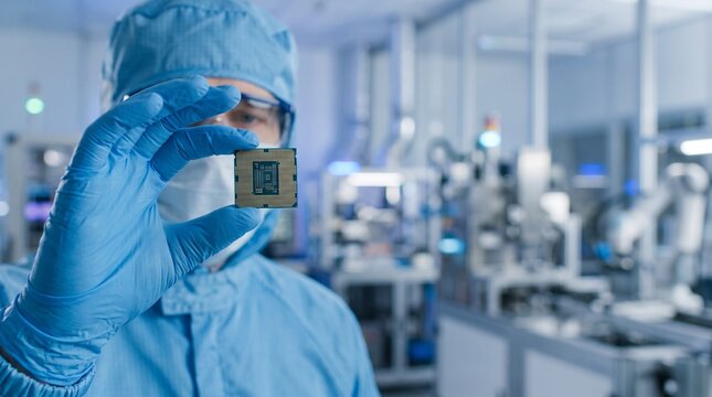 Semiconductor Engineer Holding CPU Microchip in Cleanroom Laboratory