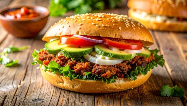A classic Mexican Cemita sandwich on a rustic wooden table, traditional sesame seed cemita bread filled with crispy breaded beef