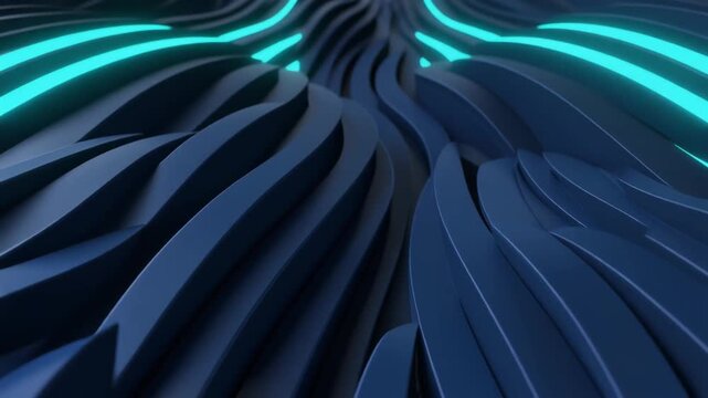 Wavy surfaces mimic the flowing movement of liquid metal while illuminated by vibrant turquoise beams to evoke a sense of continuous motion and advanced digital fluidity for creative content.