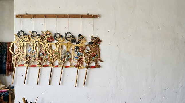 Traditional indonesian wayang kulit shadow puppets hanging on a wall
