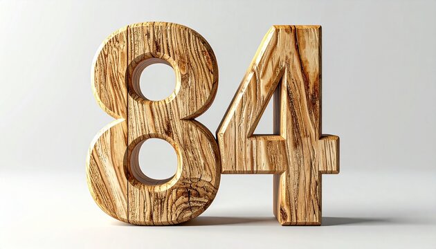 Wooden Number 84 Carved from Natural Wood Grain, Symbolizing Growth and Stability