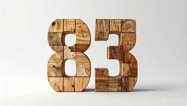 Number 83 meticulously crafted from a mosaic of natural wood blocks arranged in a visually pleasing grid pattern