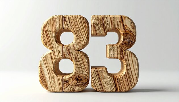 Wooden number 83 with a natural wood grain texture isolated on a clean white background, 3D rendering