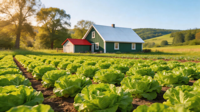 Lettuce field with farmhouse