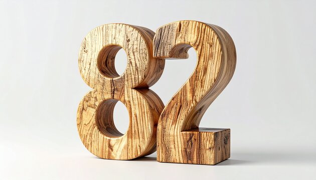 Number eighty-two crafted from textured wooden blocks on a minimalist white background