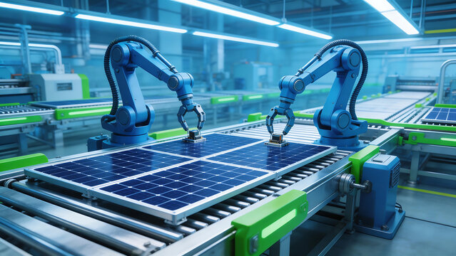Robotic arms assembling solar panels