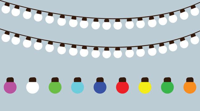 Colorful Christmas string lights. Festive Christmas decoration illustration featuring colorful hanging baubles and white string lights on a soft blue background.