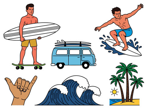 Retro Surfing Vector Illustration Set