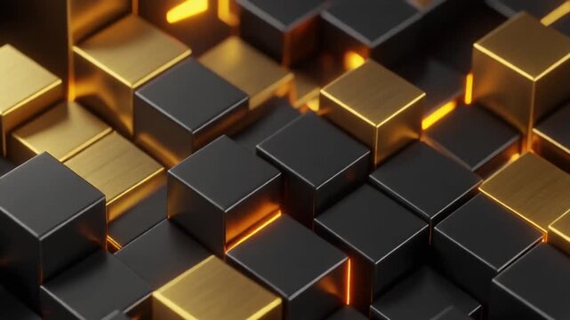 Cubes of black and gold metal are arranged in an isometric pattern to visualize modular structure and premium construction quality in this elegant architectural conceptual background design.