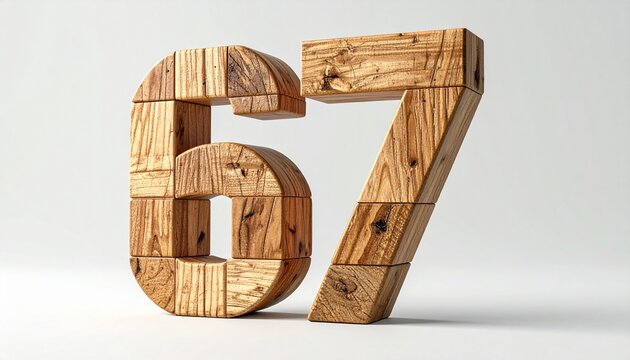 Wooden block number 67 isolated on a clean white background in a 3D rendering style