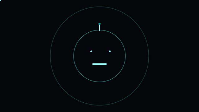 Minimalist abstract robot face animation with pulsing neon circles and digital interface 4k
