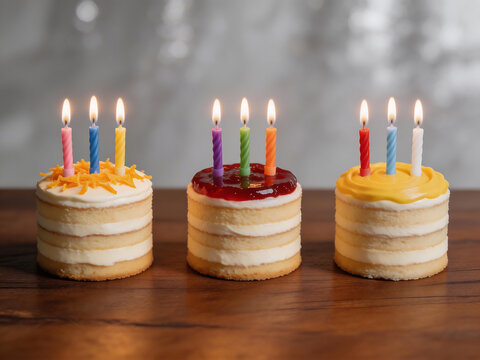 Three birthday cakes with lit candles