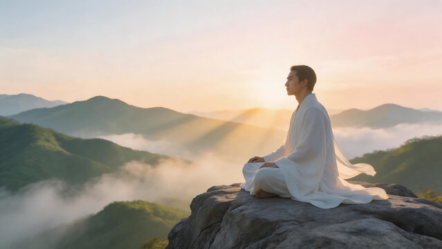 Person meditating on mountain top